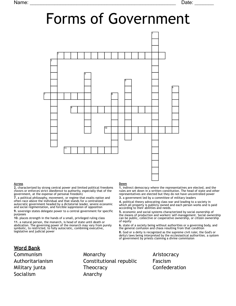 Forms of Government Crossword