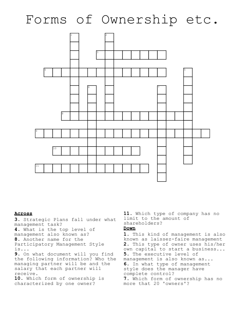 Forms of Ownership etc. Crossword