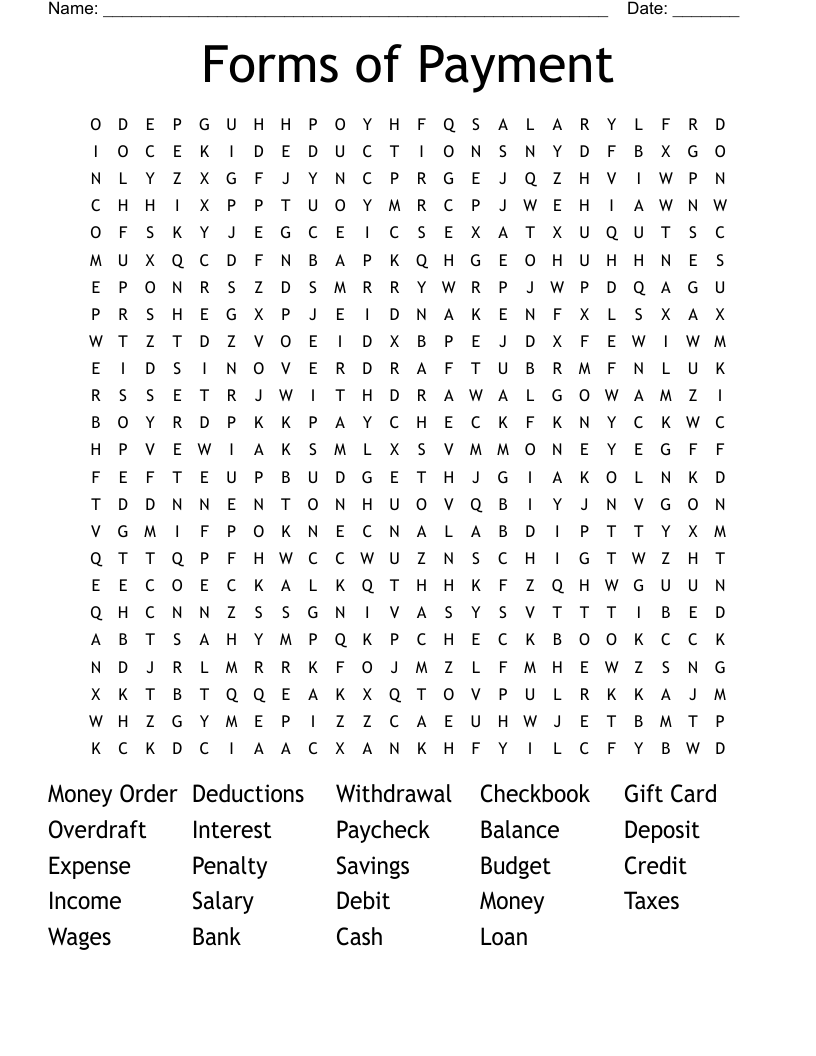 Forms of Payment Word Search