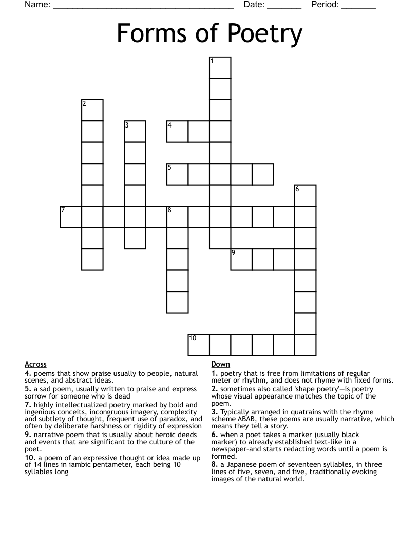 Forms of Poetry Crossword
