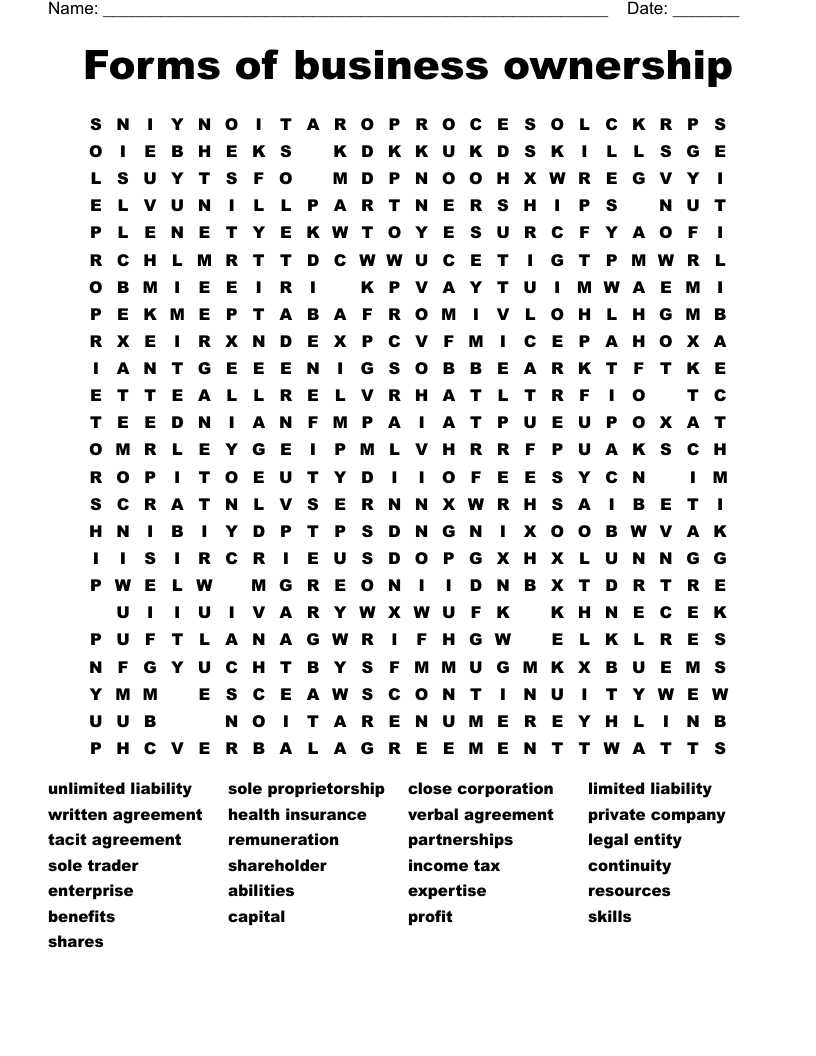 Forms of business ownership Word Search