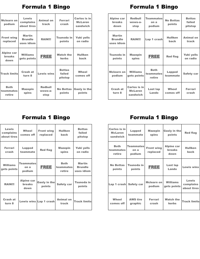 Formula 1 Bingo