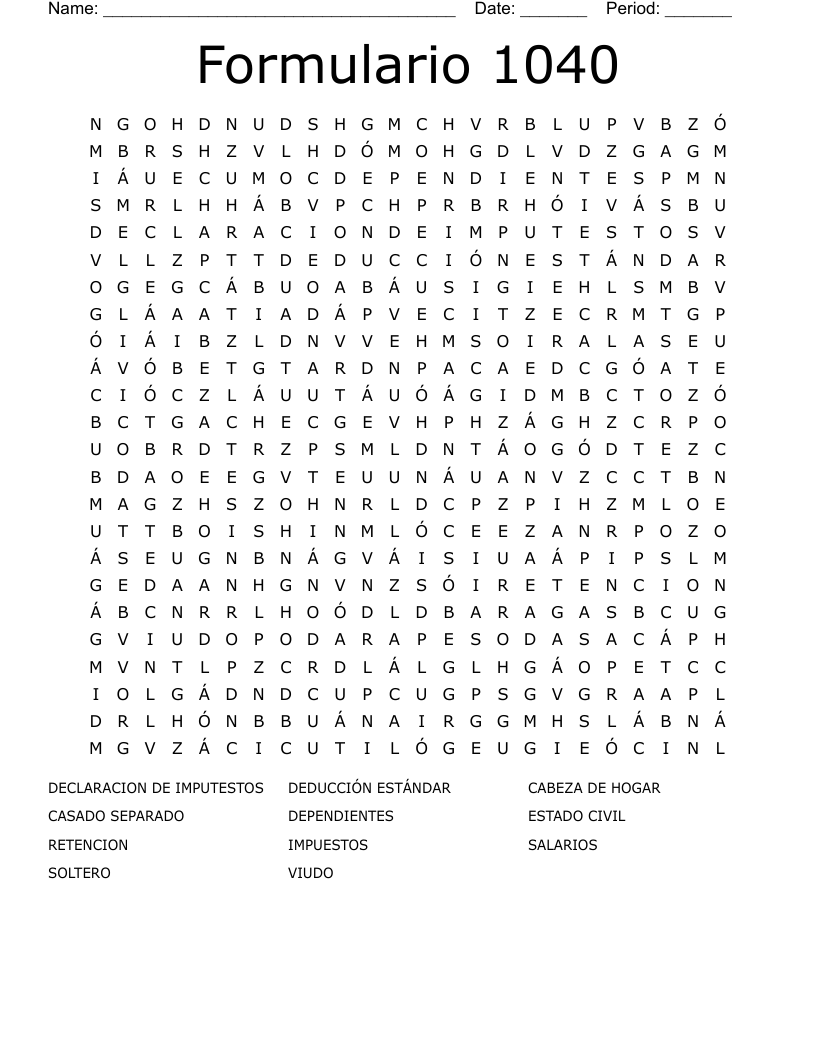 Formulario 1040 Word Search