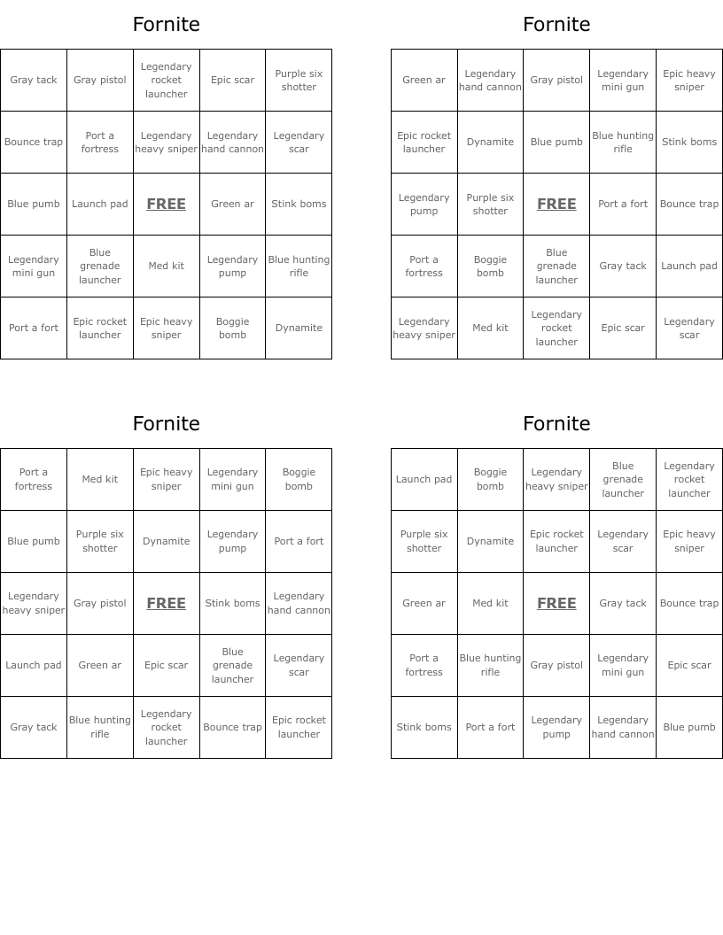 Fornite Bingo Cards
