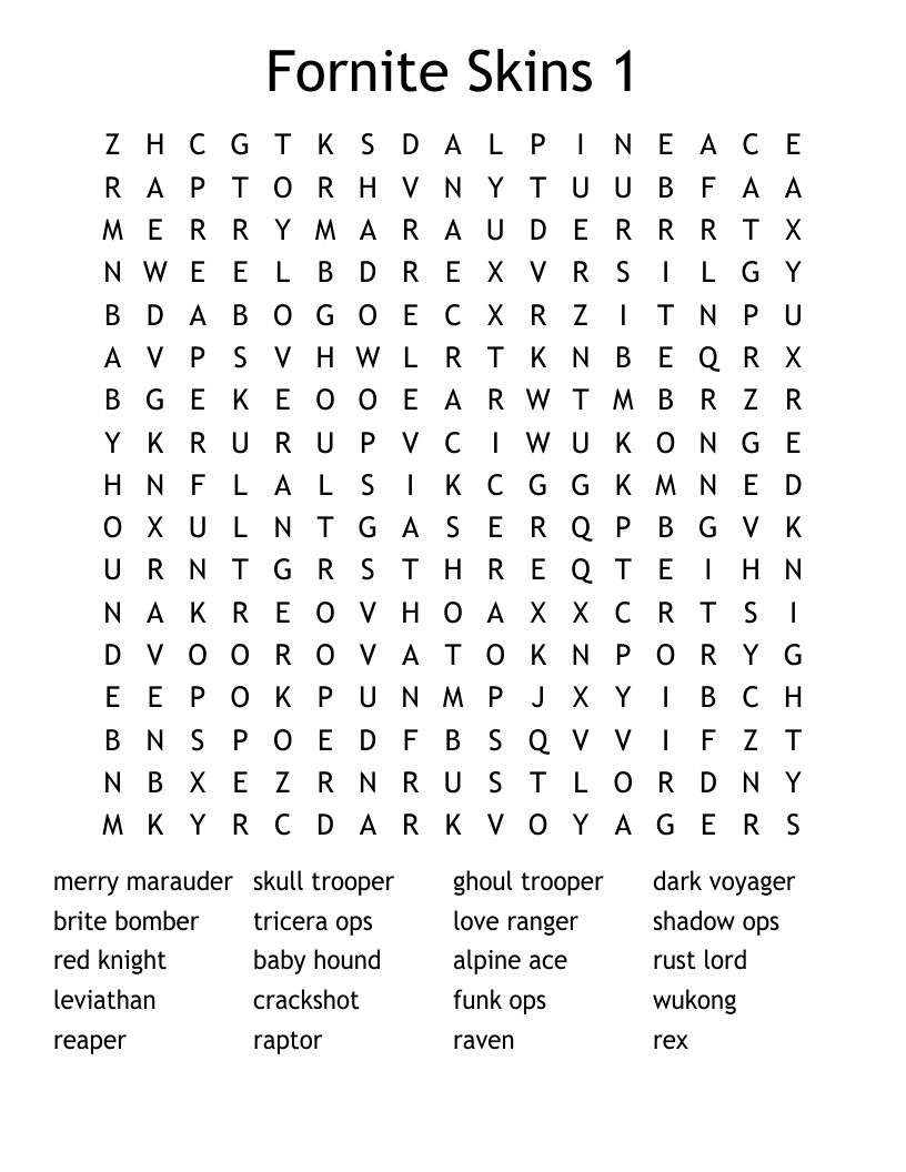 Fornite Skins 1 Word Search