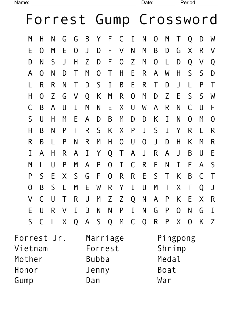 Forrest Gump Crossword Word Search