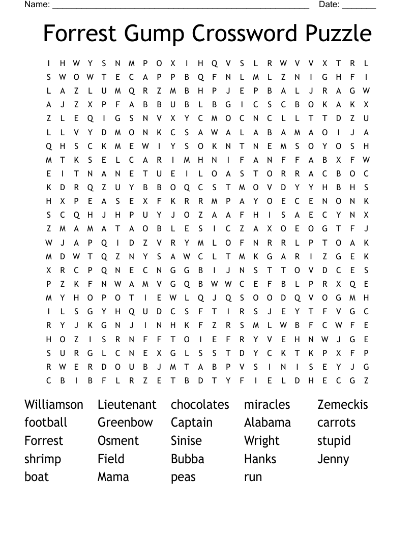 Forrest Gump Crossword Puzzle Word Search