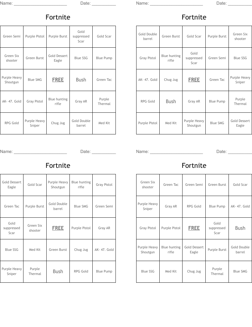 Fortnite Bingo Cards