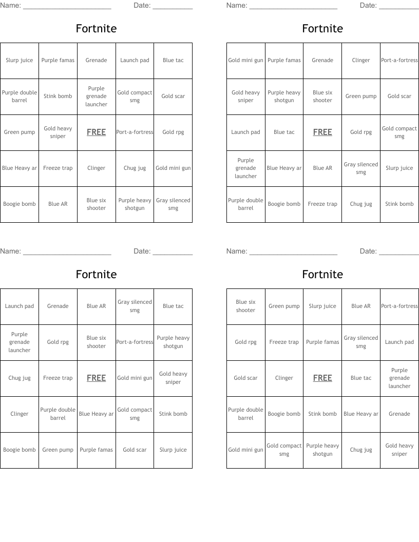 Fortnite Bingo Cards