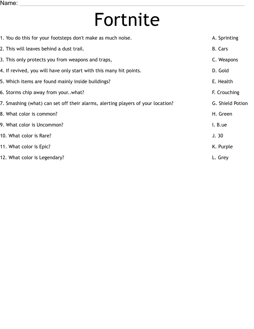 Fortnite Worksheet