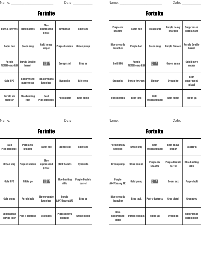 Fortnite Bingo Cards