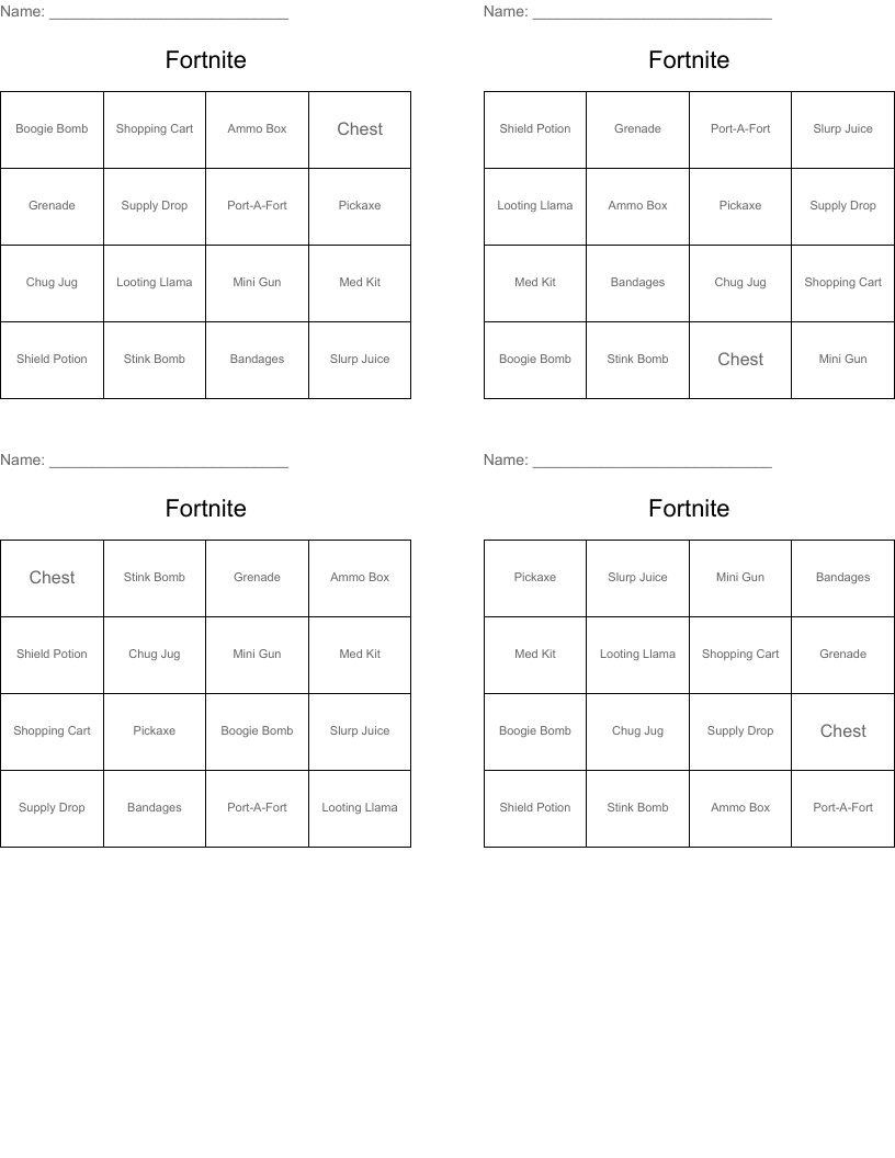 Fortnite Bingo Cards