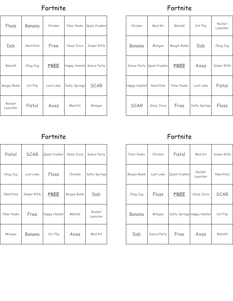 Fortnite Bingo Cards