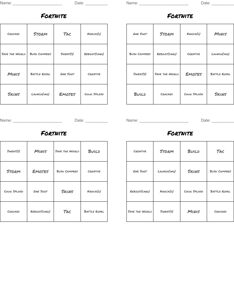 Fortnite Bingo Cards