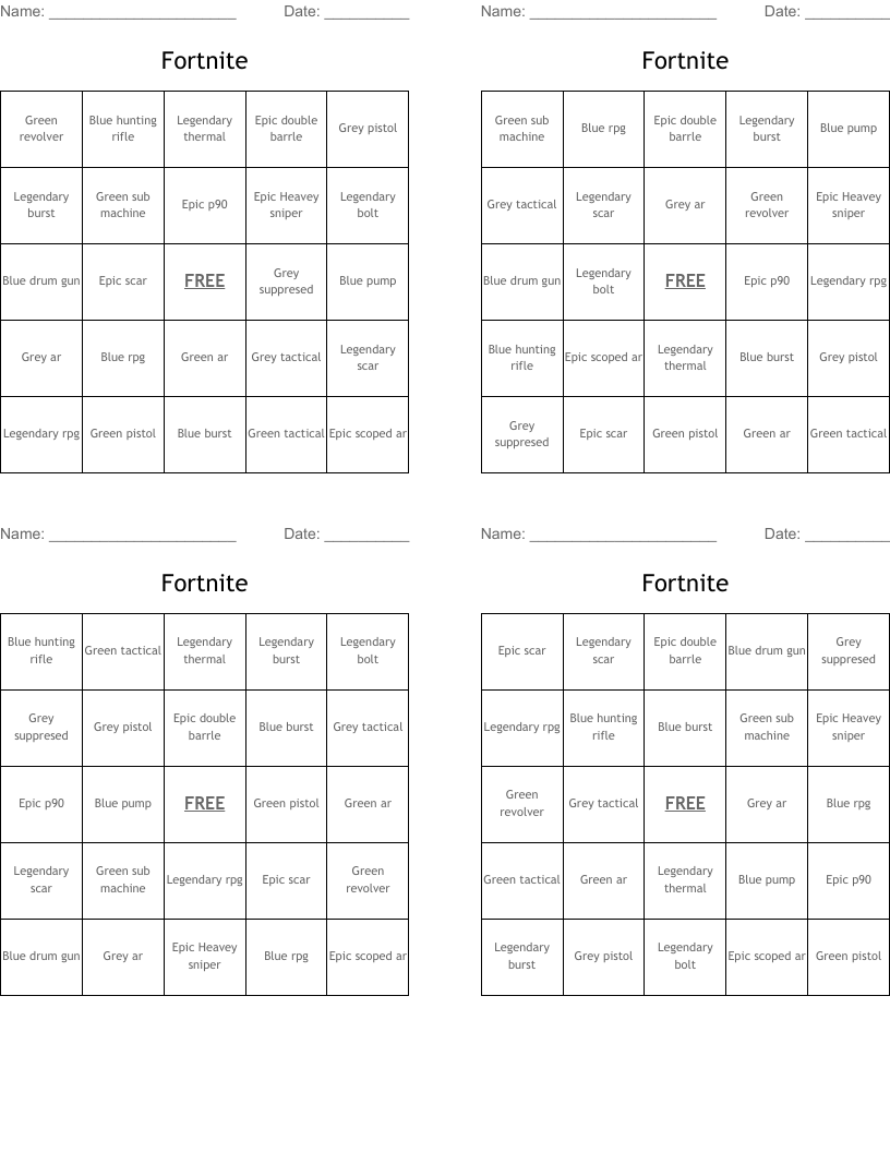 Fortnite Bingo Cards