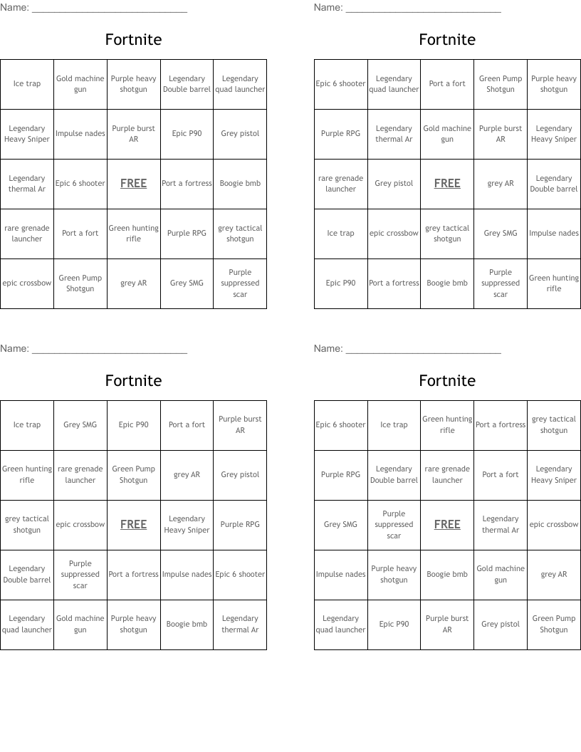 Fortnite Bingo Cards