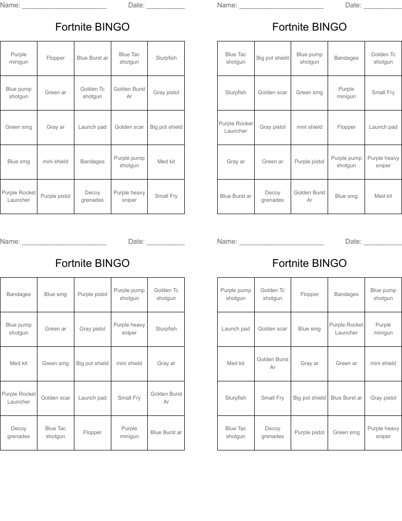 Fortnite BINGO