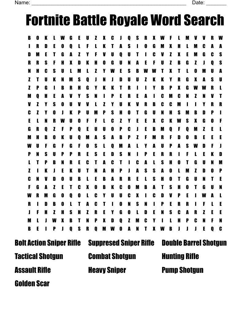 Fortnite Battle Royale Word Search