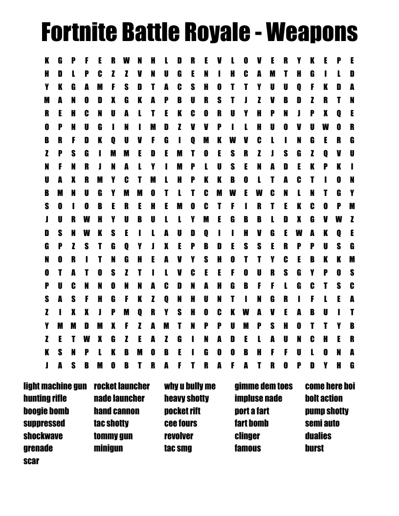 Fortnite Battle Royale - Weapons Word Search