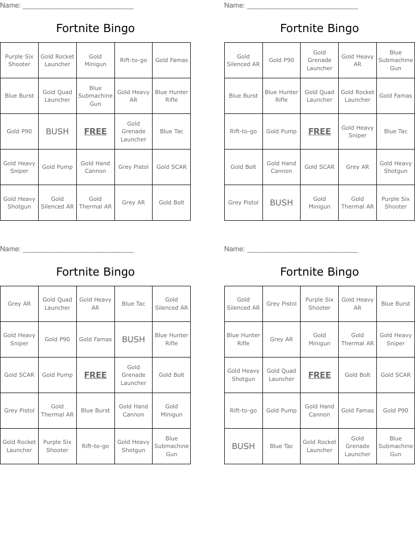 Fortnite Bingo