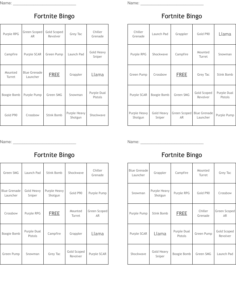 Fortnite Bingo