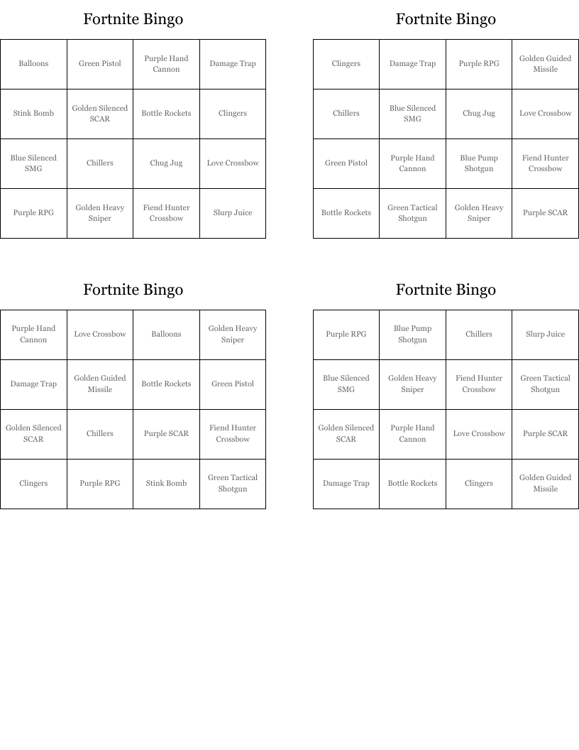 Fortnite Bingo
