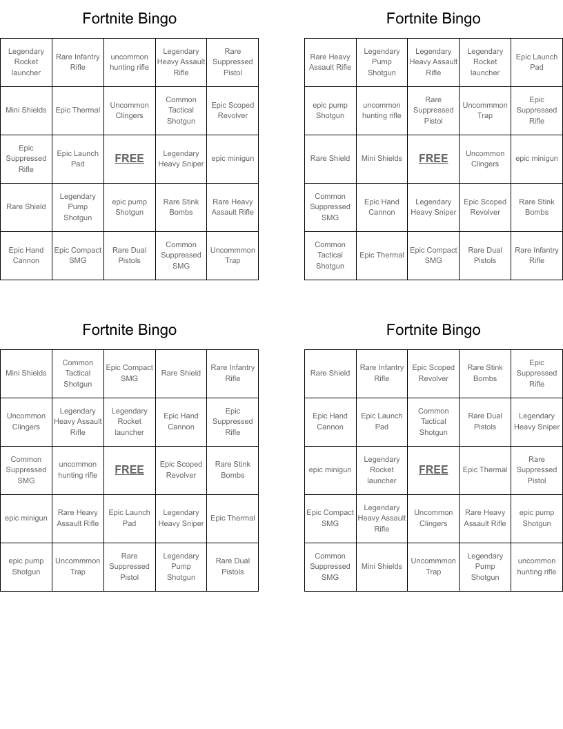 Fortnite Bingo