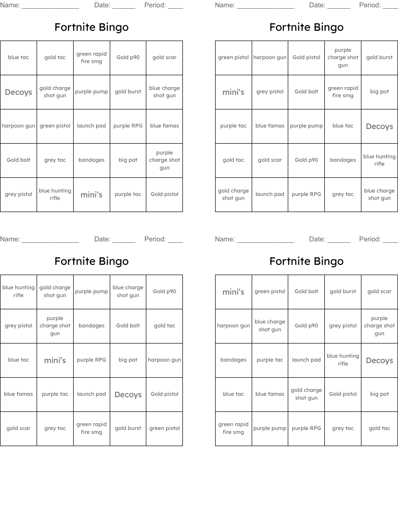 Fortnite Bingo