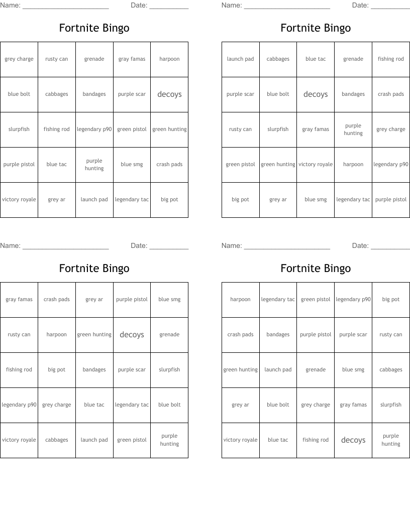 Fortnite Bingo