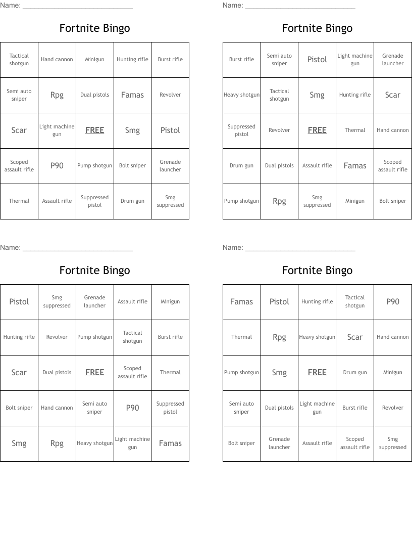 Fortnite Bingo