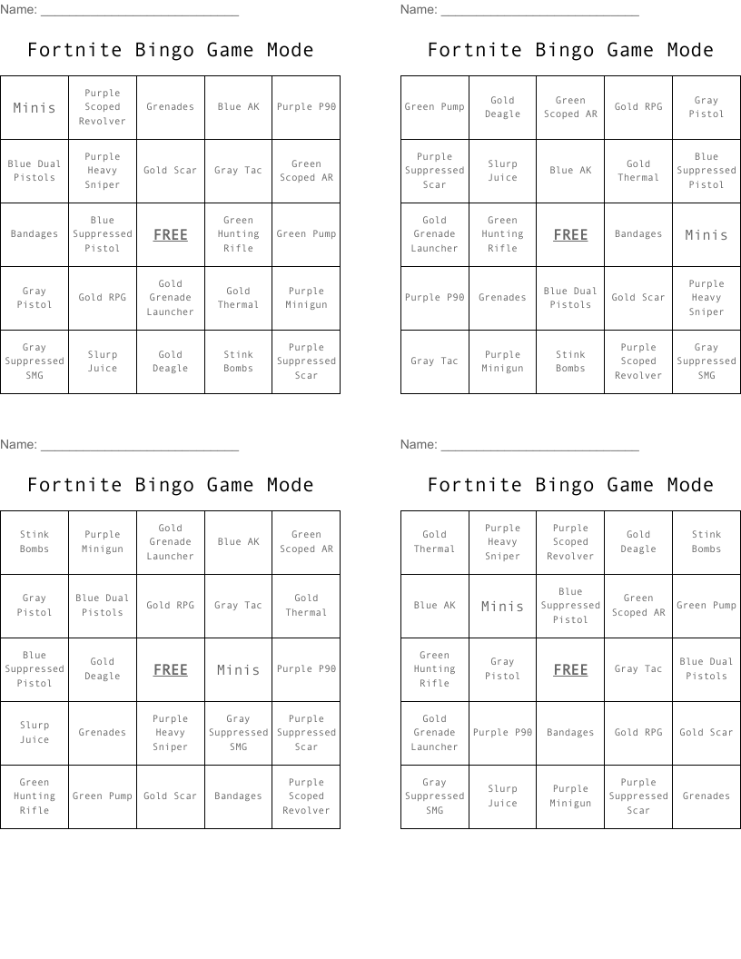 Fortnite Bingo Game Mode