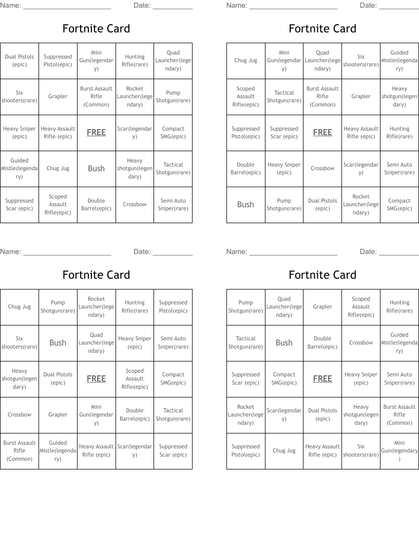 Fortnite Card Bingo Cards