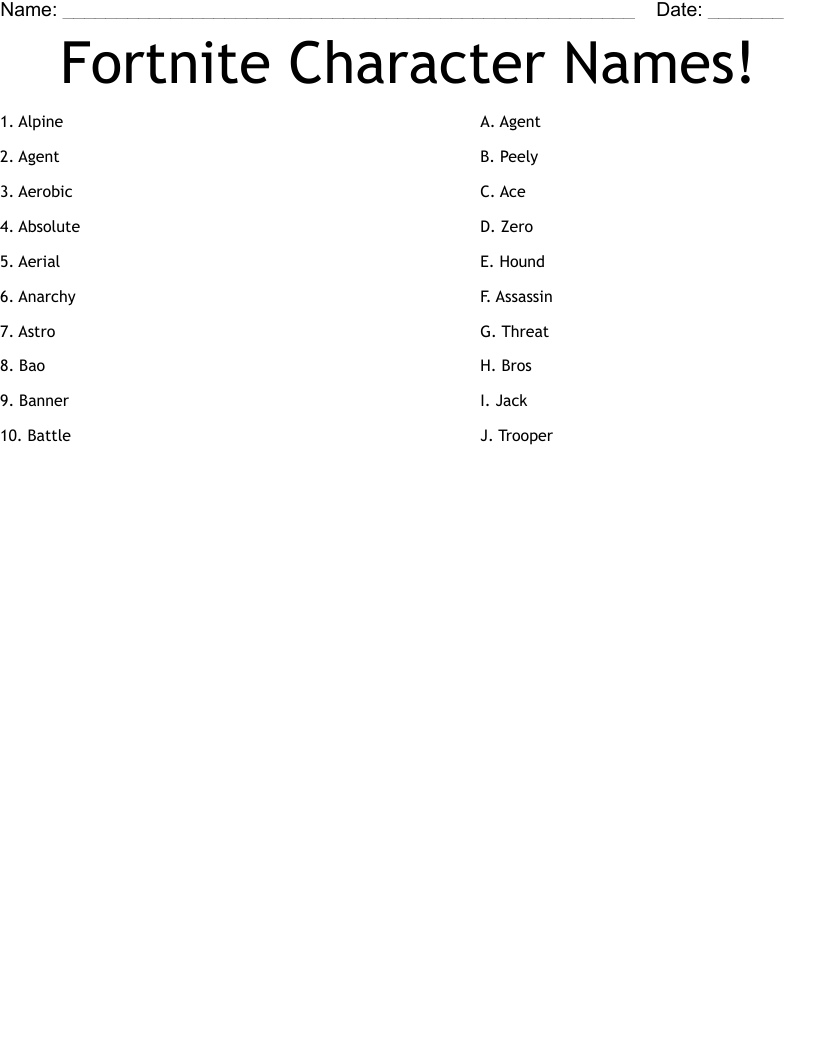 Fortnite Character Names! Worksheet