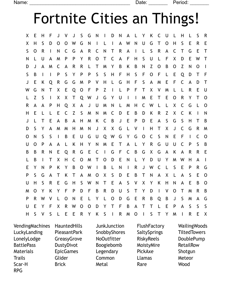 Fortnite Cities an Things! Word Search