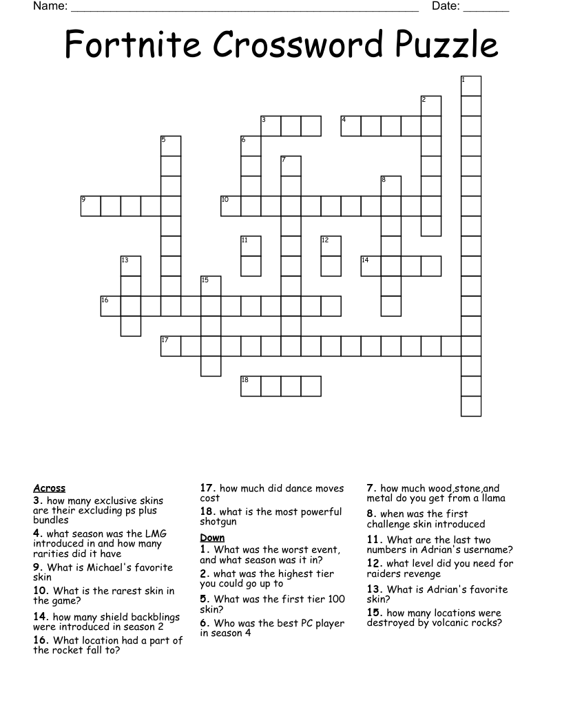 Fortnite Crossword Puzzle