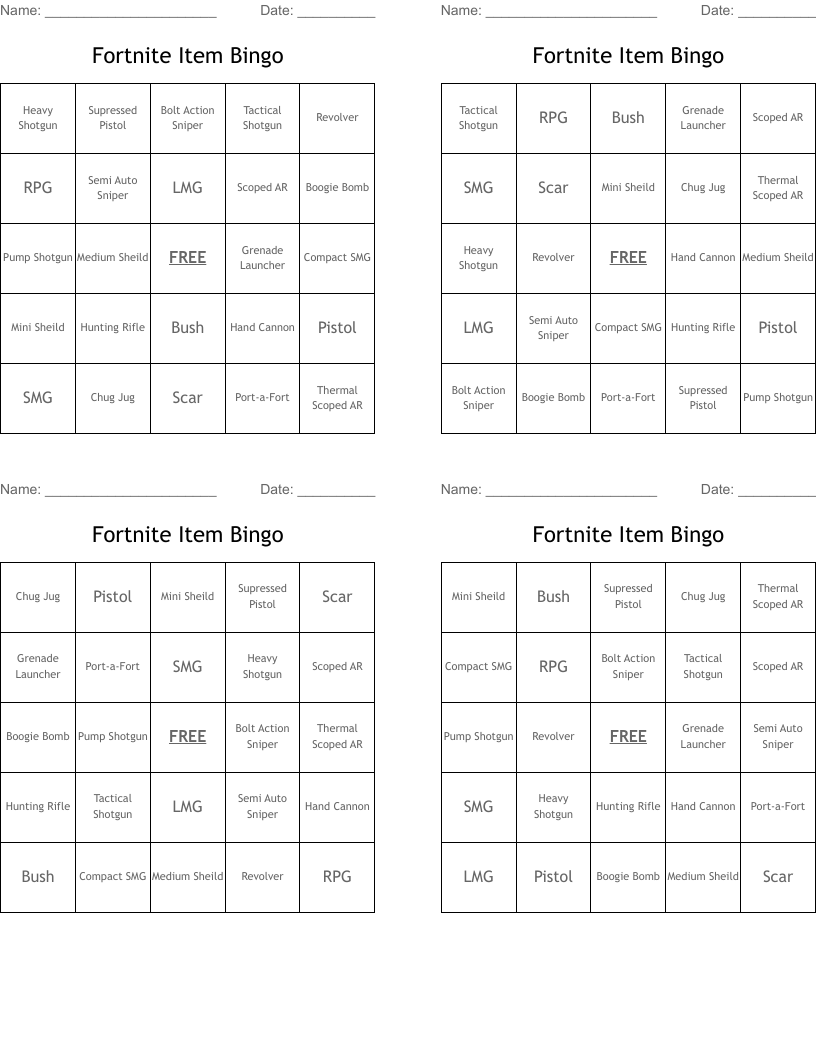 Fortnite Item Bingo