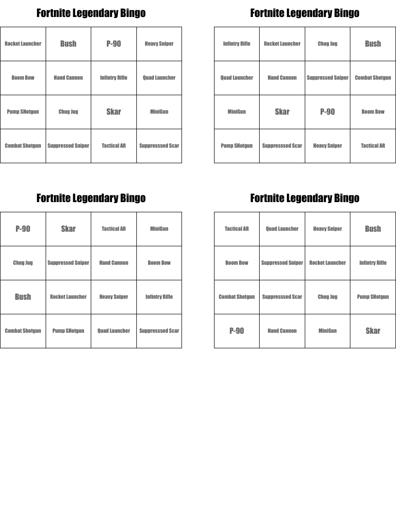 Fortnite Legendary Bingo