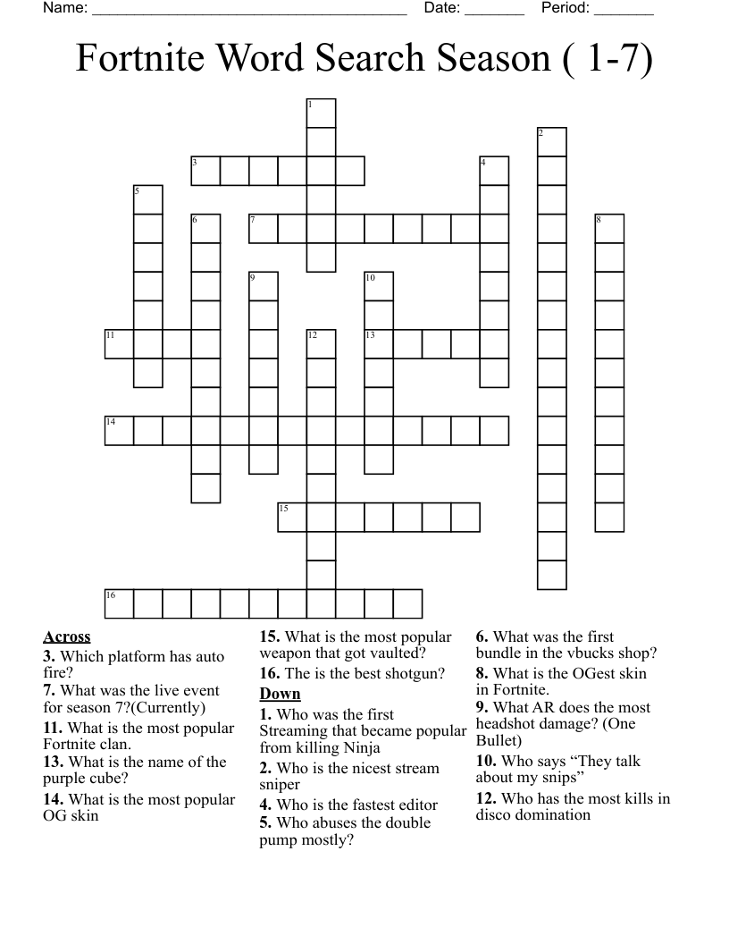 Fortnite Word Search Season ( 1-7) Crossword