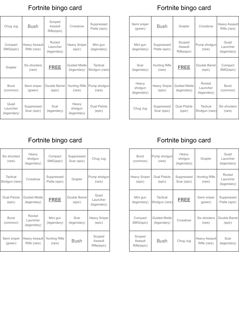 Fortnite bingo card