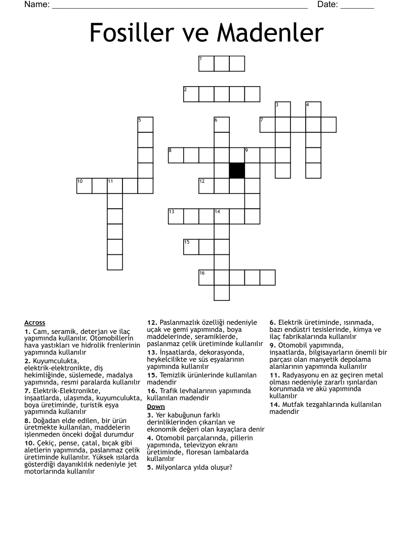 Fosiller ve Madenler Crossword