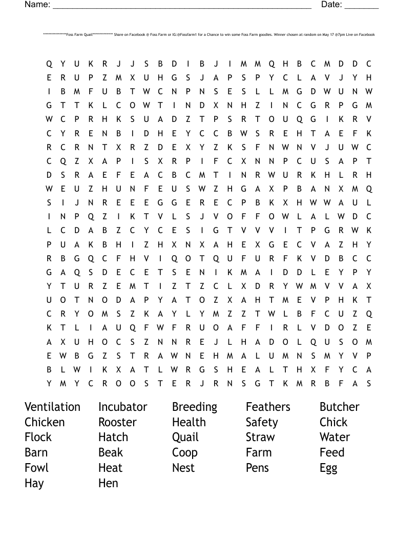 *****************Foss Farm Quail*************** Share on Facebook @ Foss Farm or IG:@Fossfarm1 for a Chance to win some Foss Farm goodies. Winner chosen at random on May 17 @7pm Live on Facebook Word Search