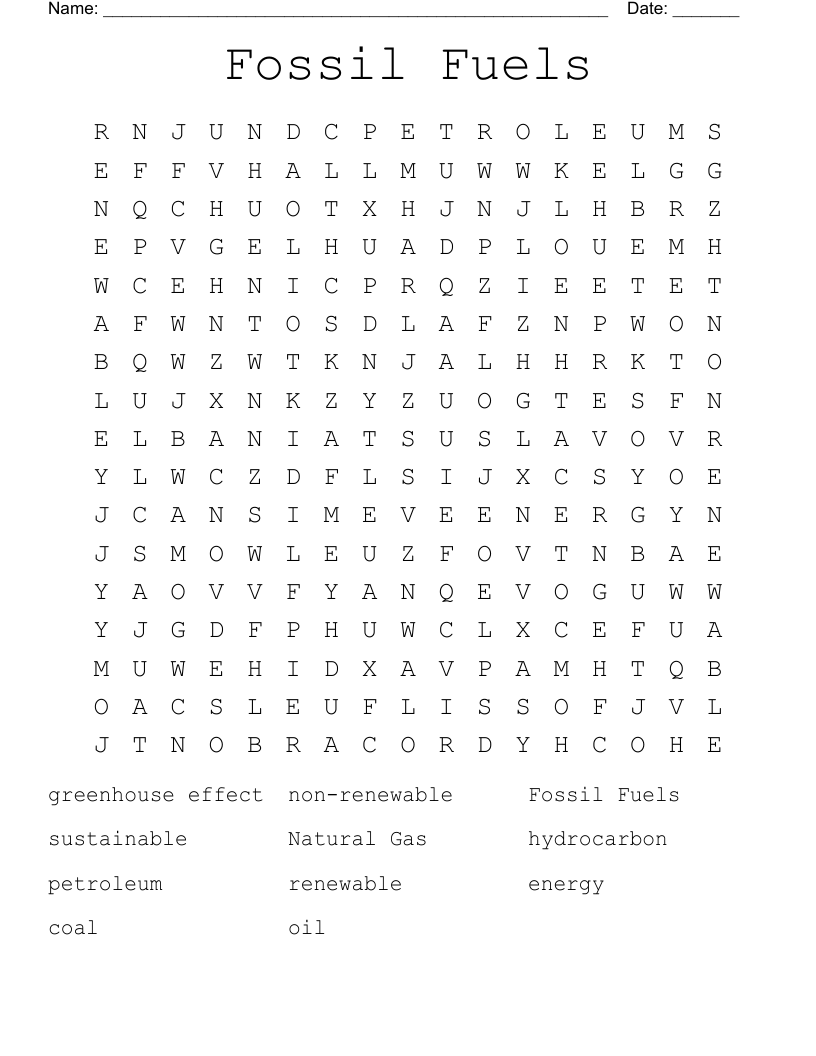 Fossil Fuels Word Search