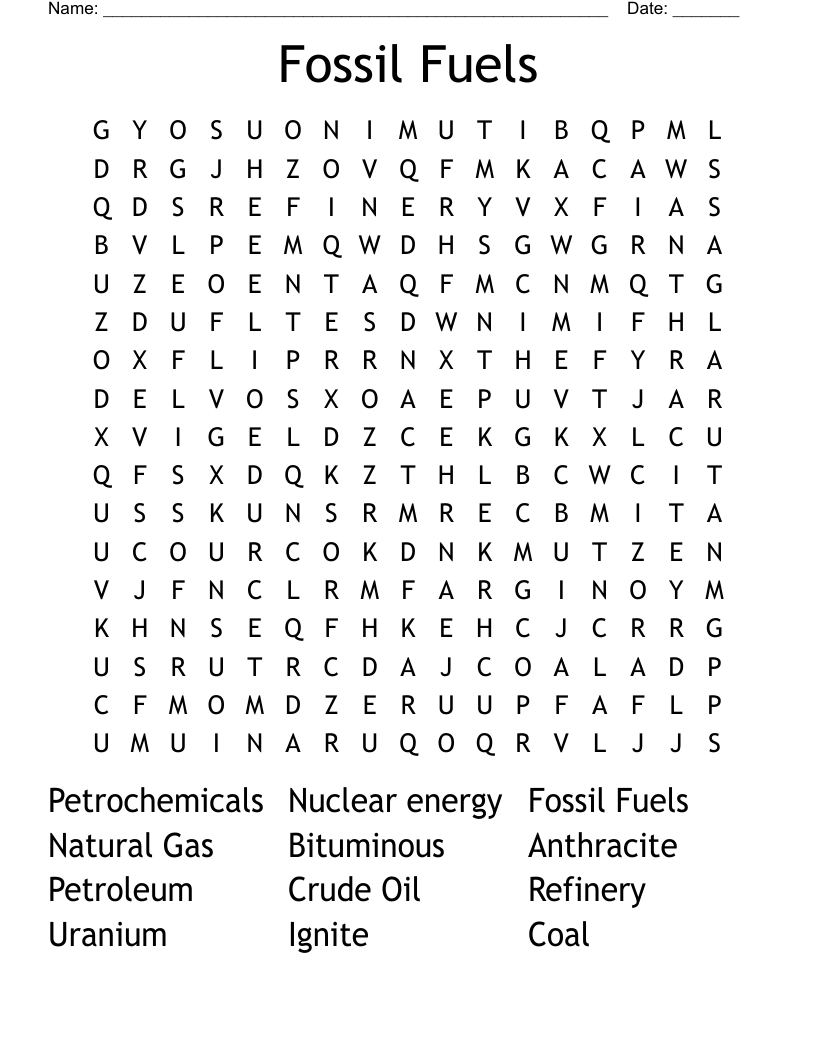 Fossil Fuels Word Search
