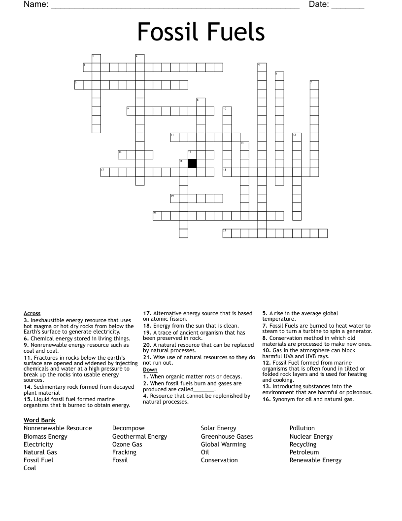 Fossil Fuels  Crossword