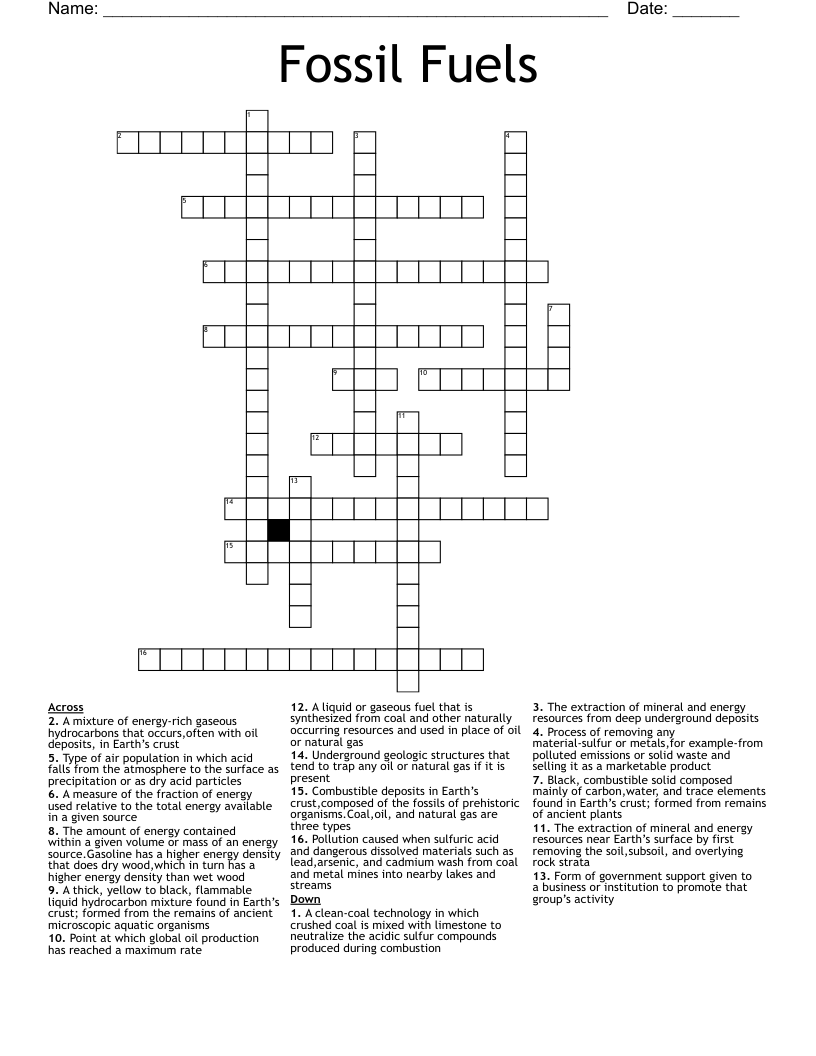 Fossil Fuels  Crossword