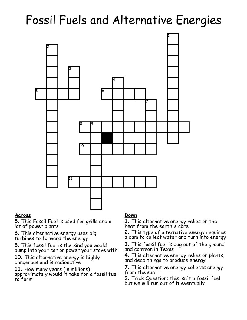 Fossil Fuels and Alternative Energies Crossword