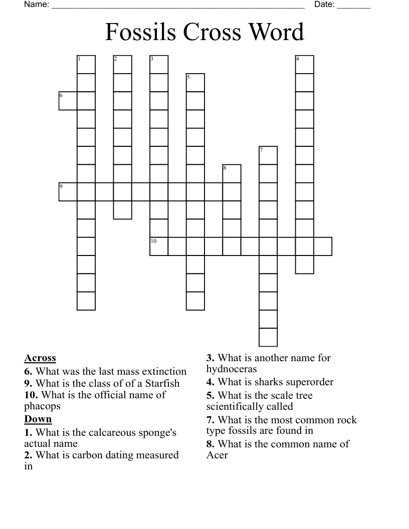 Fossils Cross Word