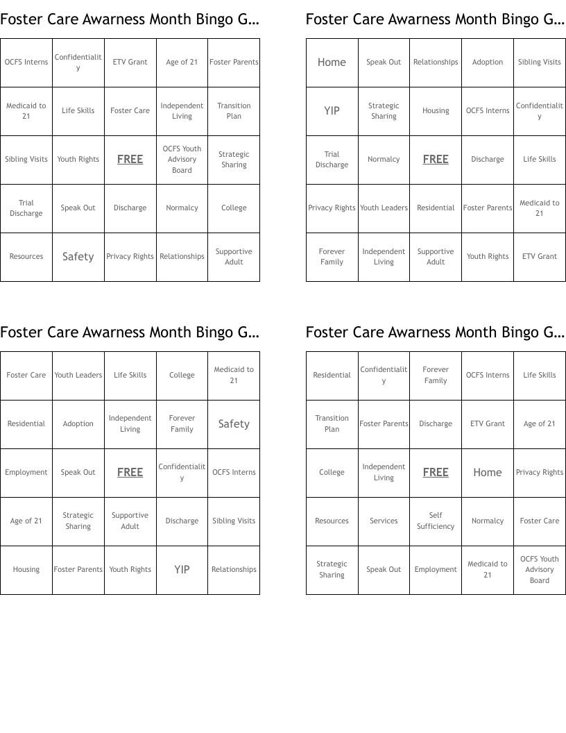 Foster Care Awarness Month Bingo Game