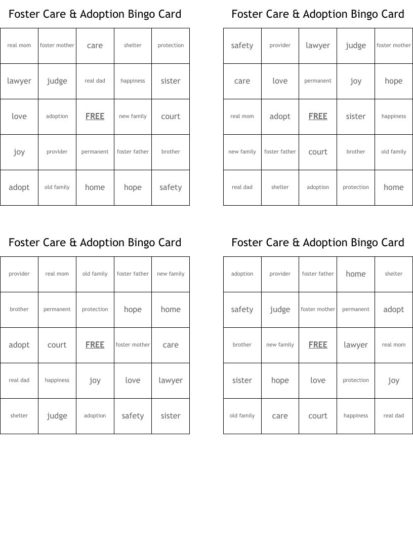 Foster Care & Adoption Bingo Card