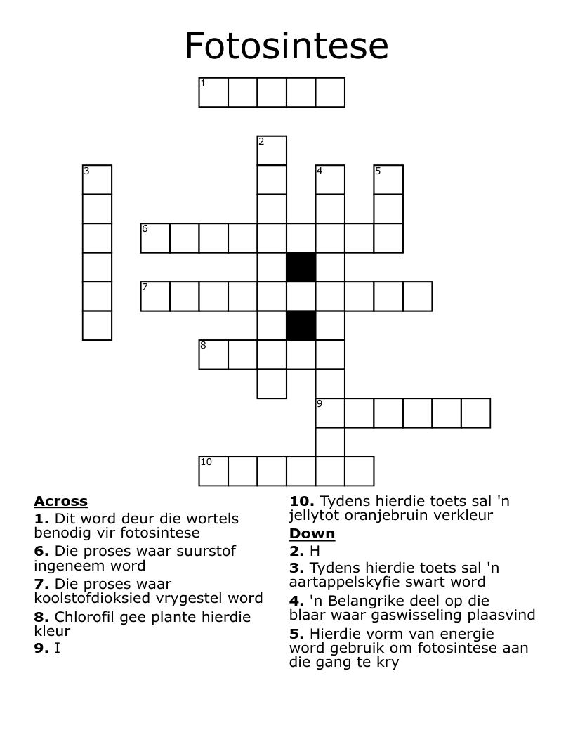 Fotosintese Crossword